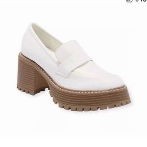 MIA White Leather Penny Loafer Mule with Chunky Brown Platform Heel